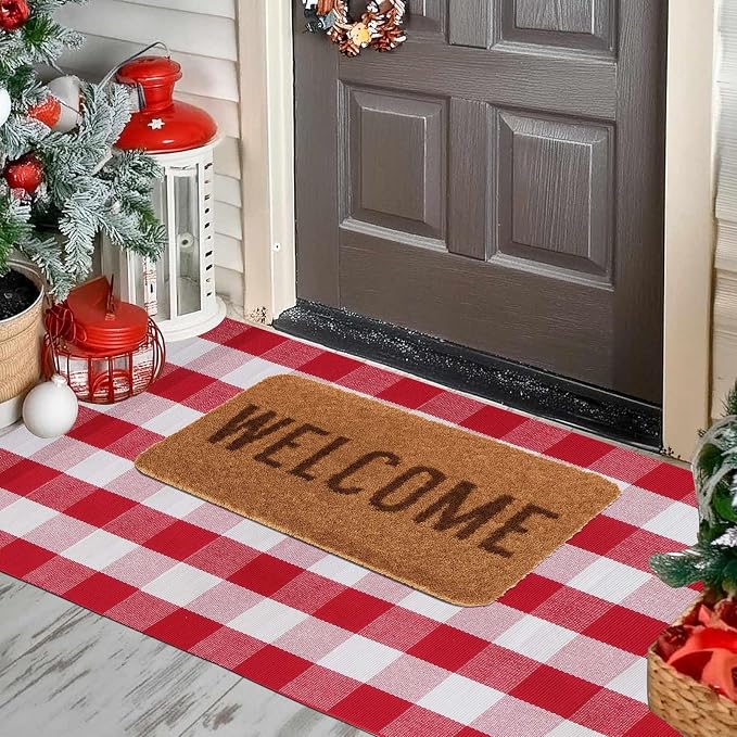 Christmas Buffalo Plaid Rug 3 x 5 Ft, Red White Indoor Outdoor Rug | Cotton Blend, Hand-Woven Look, Machine Washable, Layering Rug, Porch Entryway Decor