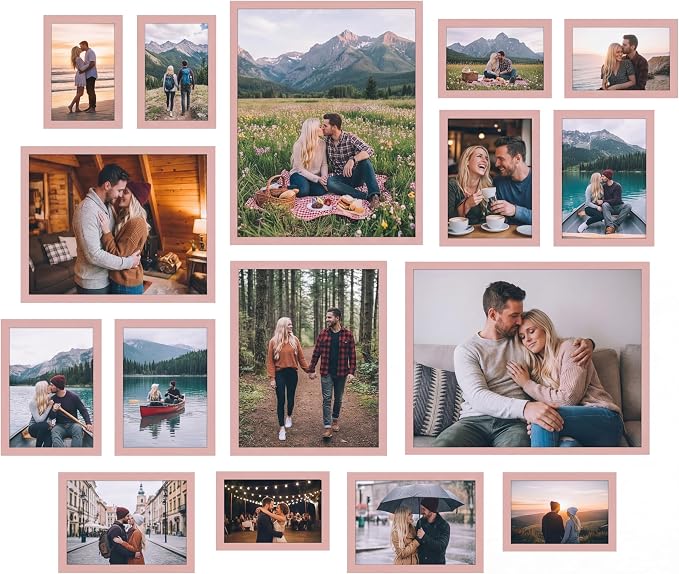 Giftgarden 16 Pack Pink Picture Frames for Multi Sizes Photos, Assorted Frame Set Including 2pcs 11x14, 2pcs 8x10, 6pcs 5x7, 6pcs 4x6, Gallery Photo Collage Frame for Wall or Tabletop Display