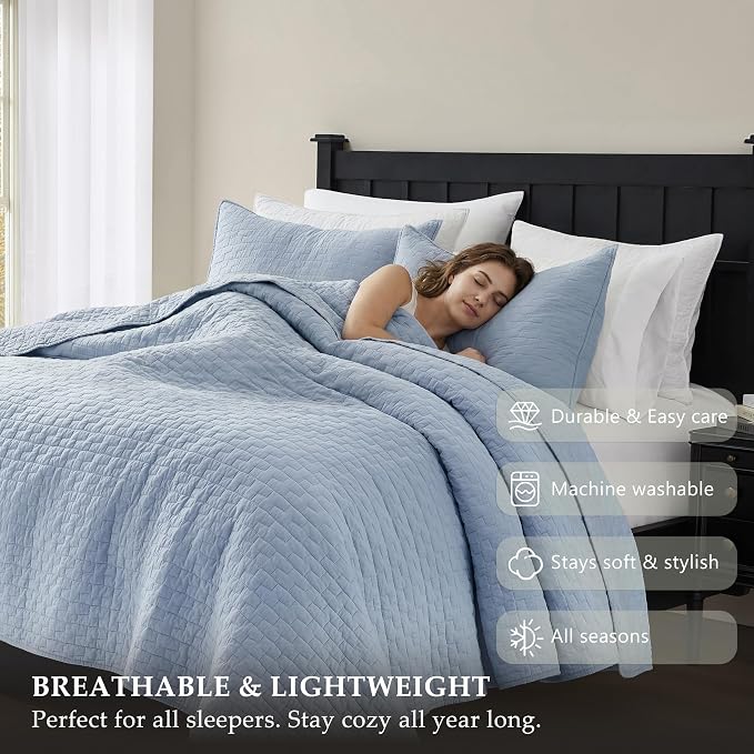 PALASSIO Baby Blue 100% Cotton Quilt Queen Size Bedding Sets with 2 Pillow Shams, Textured Lightweight Soft Bedspread Shabby Chic Coverlet, Neutral Quilted Comforter Bed Cover for All Season, 3 Pieces