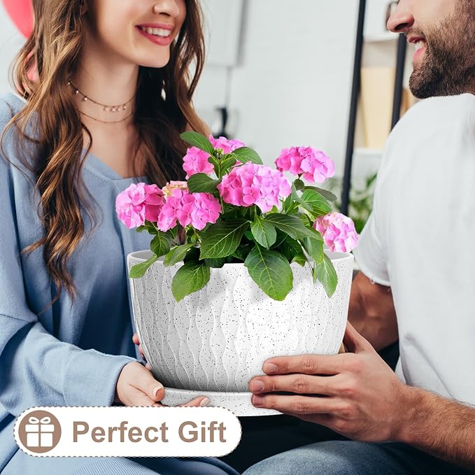 WSMKSZ 12 Inch Wide Water Ripples Flower Pots for Indoor or Outdoor Plants, Large Plant Pots with Drainage Holes & Saucer, Plastic Planters Set for Garden & Home Decor (White with Black Speckles)