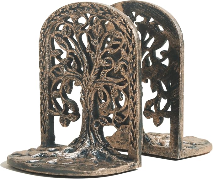 Tree of Life Bookends Set Heavy Duty Metal Book Ends for Shelves | Antique Brass Iron Decorative Bookend Pair for Home, Office, Library or Study | Elegant Vintage Style Book Holder Décor