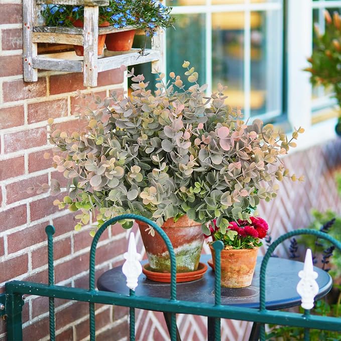 RECUTMS 8Bundles Artificial Eucalyptus Plant Greenery Stems 13In Dusty Pink | Plastic Boxwood Shrub Branch,long-term Reuse,No Maintenance,Weather-proof,Farmhouse Garden Vase Outdoor Planter Wedding Decor