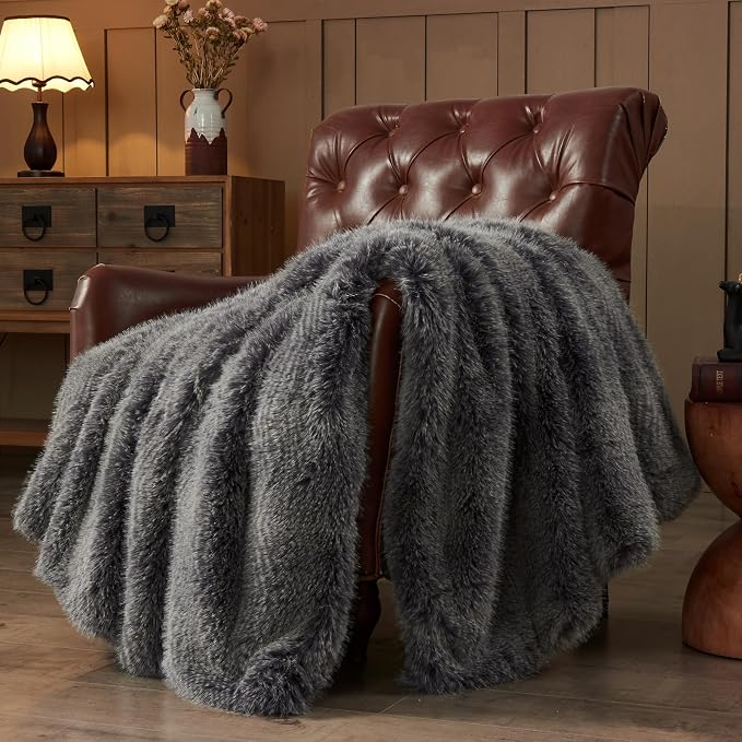 NEWCOSPLAY Faux Fur Thick Twin Blanket for Couch, Black White, 60"x80" | Luxury Fluffy Thick Warm Blanket for Couch Sofa Bed 1000GSM, Soft Plush Cozy Decorative Throw, Gift for Women Men
