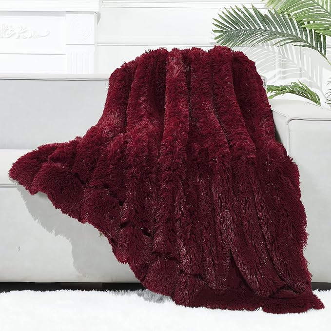 GONAAP Fuzzy Faux Fur Twin Blanket for Couch, Wine Red, 60"x80" | Warm Cozy Plush Shaggy Decorative Reversible Thick Non-Heated Fleece Blanket for Sofa Bed, Gift for Women Men, All Season Use