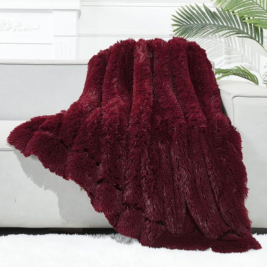 GONAAP Fuzzy Faux Fur Twin Blanket for Couch, Wine Red, 60"x80" | Warm Cozy Plush Shaggy Decorative Reversible Thick Non-Heated Fleece Blanket for Sofa Bed, Gift for Women Men, All Season Use