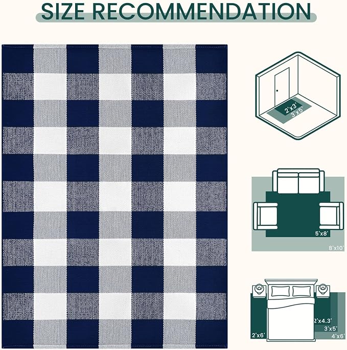 KOZYFLY Buffalo Plaid Area Rugs 3x5 Blue and White Washable Front Door Mat | Woven Cotton Outdoor Rug, Checkered Doormat for Front Porch Patio Farmhouse, Indoor Kitchen Entryway Rug