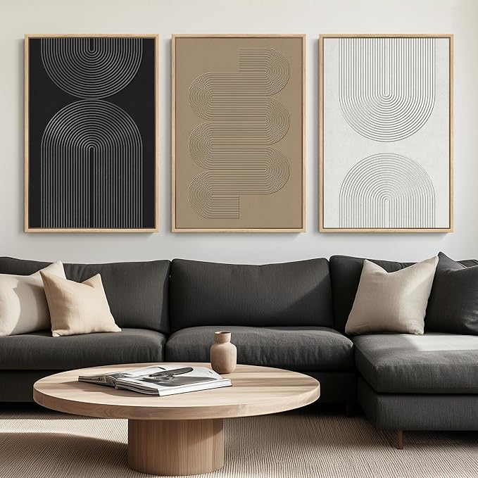 Framed Black and White Neutral Abstract Wall Art for Living Room, 3 Piece | Large Boho Canvas Prints, Minimalist Artwork for Walls, Geometric Pictures, Hallway Office Paintings Wall Decor 30x60 Inch