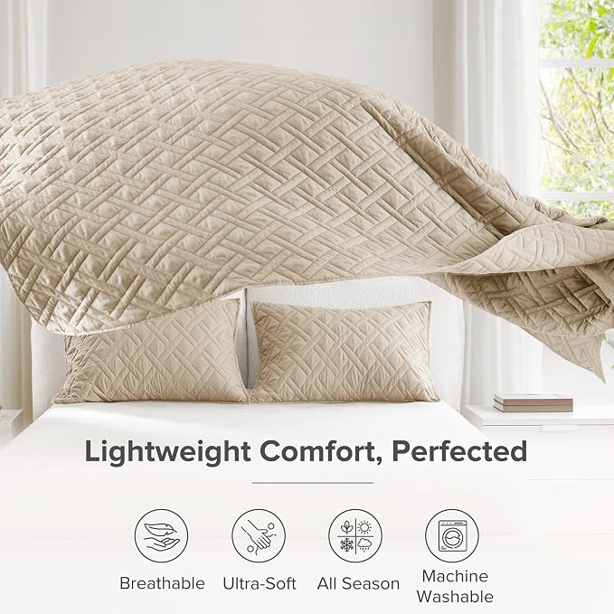Comfort Spaces Kienna Twin Quilt Bedding Set 2P, 66"x 90" Beige Diamond | Soft Cozy Lightweight Summer Twin XL Coverlet for College Dorm, Quilted Extra Layer, Modern Casual Bedroom Decor, OEKO-TEX