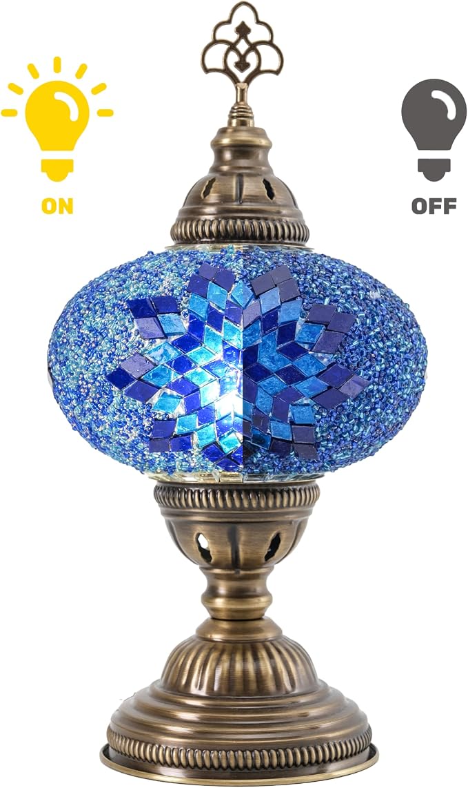 Turkish Lamp, Mosaic Table Lamp, Antique Moroccan Decorative Glass Bohemian Vintage Lamp Shade, Small Desk Tiffany Bedside Stained Glass Lamp with US Plug and E12 Socket