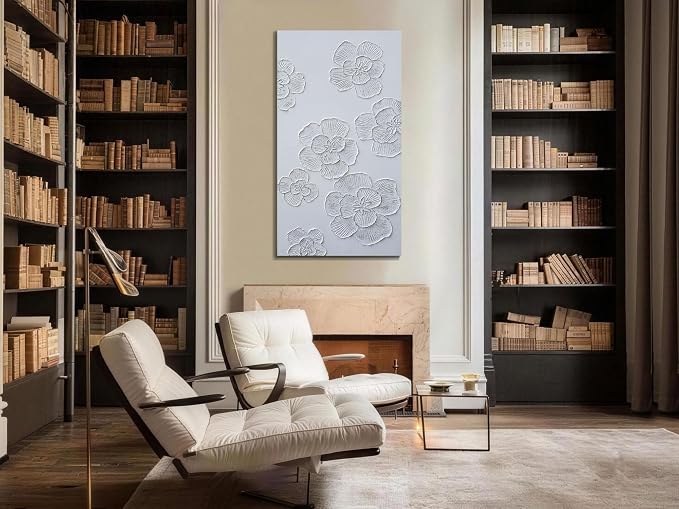 Arjun Flower Canvas Wall Art Hand Painted Framed Living Room Bedroom Decor | Textured Painting Elegant Modern White Floral Minimalism Picture for Home Office Wall Décor Large 40"x20" Horizontal Vertical