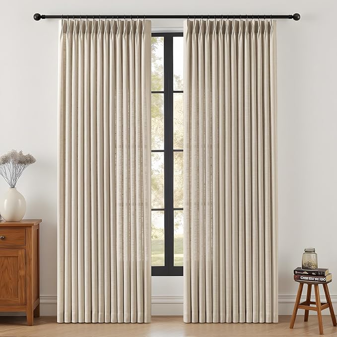 Birch Pinch Pleated Sheer Linen Blend Curtains 84 Inch for Living Room | Light Filtering Semi Sheer, Pinch Pleat, Hook Rings, Non See Through, Memory Shape, W40xL84, 2 Panels, Burlywood Birch
