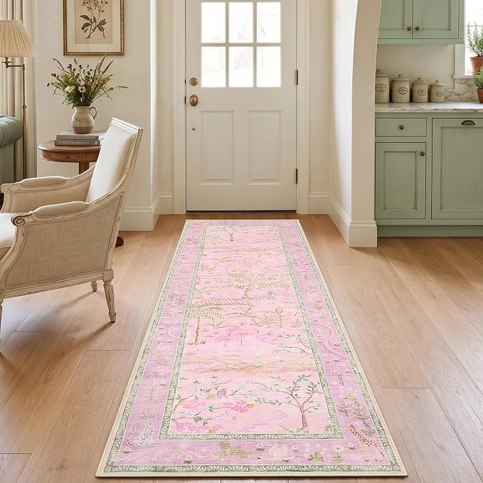 2x6 Hallway Runner Rug Non Slip Forest Nursery Runners Washable Stain Resistant Fairy Tale Whimsical Long Runner Carpets Girls Room Purple Safari Animal Rugs for Living Room Kitchen Bedroom, Lavender