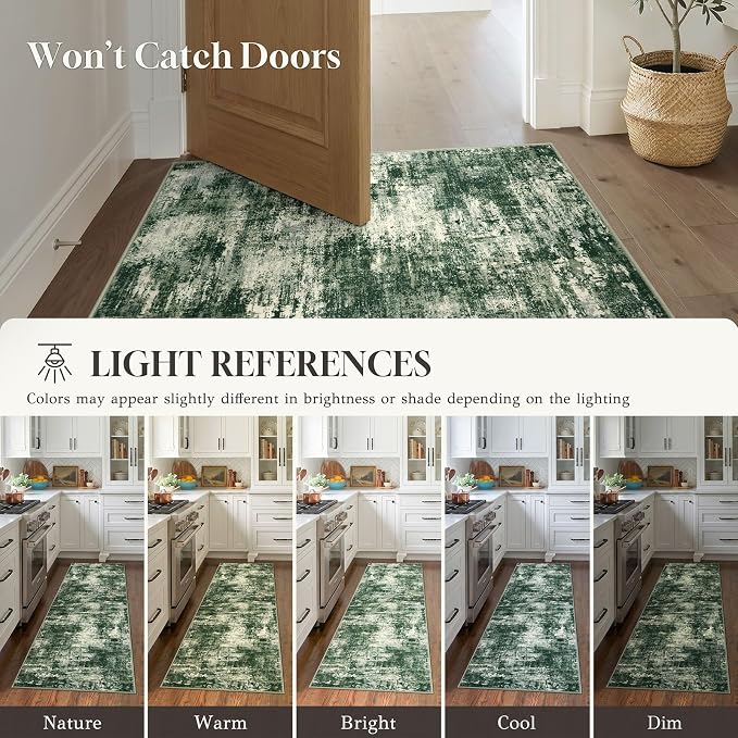Lansny Abstract Washable Entryway Rug 3x5 Area Rug Non Slip Kitchen Rugs | Green;Thin Printed Faux Wool Door Mat;Small Rugs;Front Door Rug;Indoor Entry Rug;Rubber Backed Floor Carpet;Throw Rugs