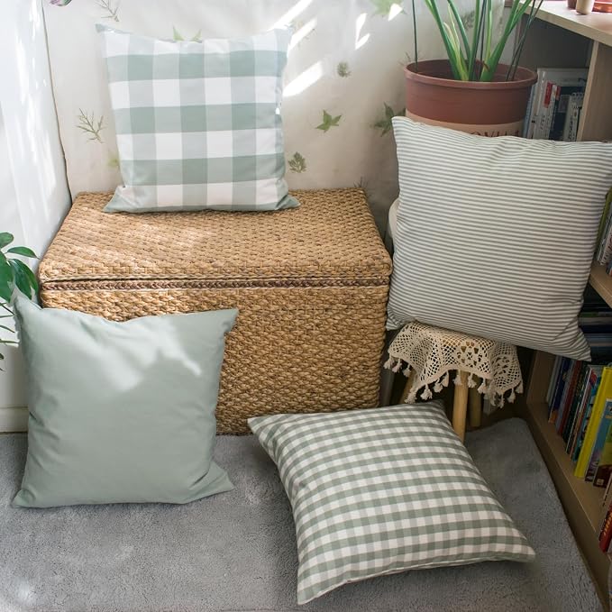 HOPLEE Farmhouse Sage Green Pillow Covers 18x18 Cushion Cover with Buffalo Plaid, Solid Sage Green, Striped and Gingham Plaid Design 18x18 inch,4 Pack
