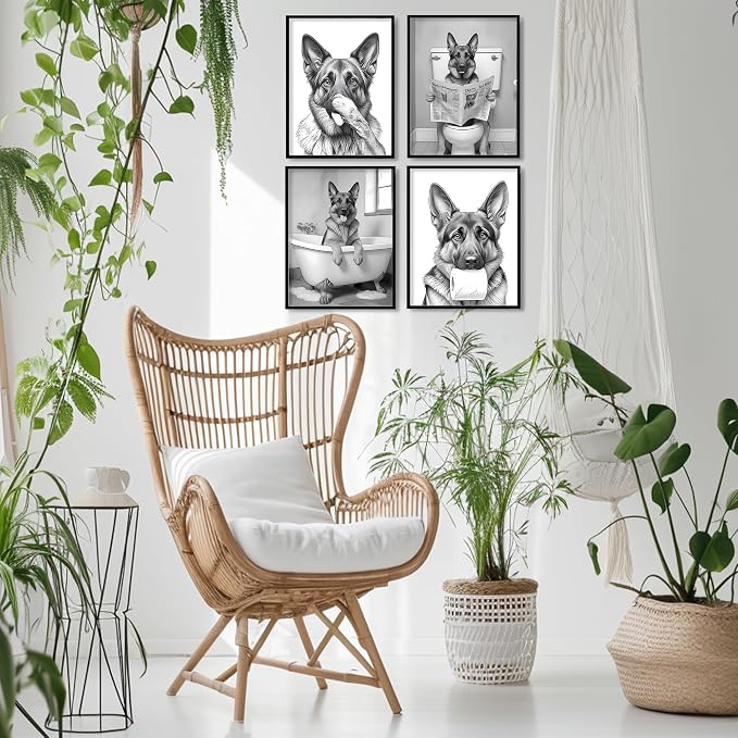 LUKIPOM Funny German Shepherd Bathroom Wall Art Prints 12x16 Set of 4, Funny German Shepherd Wall Art Posters for Washroom Restroom Decor, Dog Bathroom Decor, Unframed