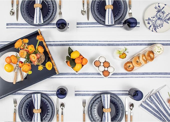 Solino Home 100% Pure Linen Table Runner, 14 x 72 in, Navy and White Stripe | French Stripe, dresses up dining tables for everyday meals, European flax fibres, machine washable, soft, OEKO-TEX Certified