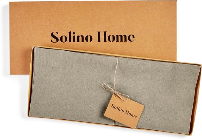 Solino Home 100% Pure Linen Dining Table Runner Khaki, Fete 14 x 90 in Long | Table Runners for dining, console and side tables, neatly mitered corners, artisan crafted, Vintage Khaki, OEKO-TEX Certified