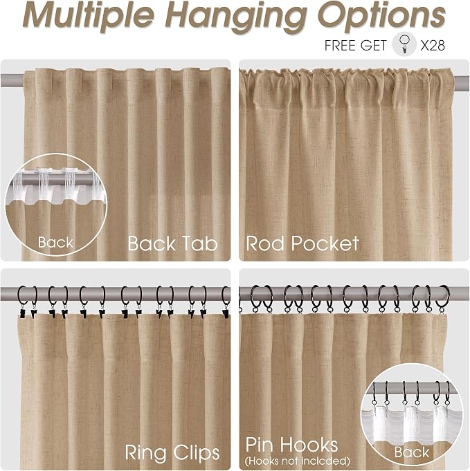 Linen Curtains 96 Inches Long for Living Room Back Tab Semi Sheer Floor to Ceiling 8ft Light Filtering Curtain Boho Farmhouse Decor Window Drapes for Bedroom 52x96 2 Panels Sand Beige