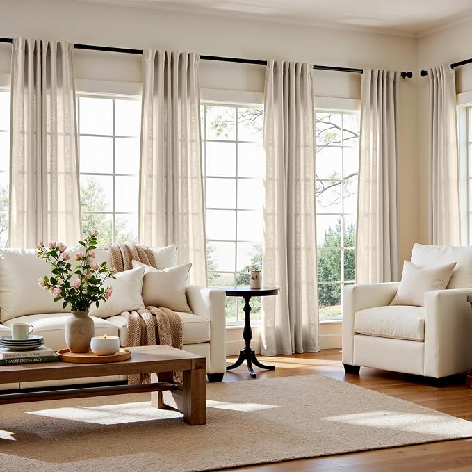 jinchan Linen Curtains Light Filtering Back Tab 50x84 Inch 2 Panels | Semi Sheer Curtains 84 inch length for Bedroom Living Room, Modern Farmhouse Drapes with Rod Pocket, Natural Boho Curtains