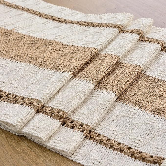 FEXIA Boho Table Runner with Tassels 12x48 Inch for Fall Home Decor | 48 Inches Long Pottery Barn Furniture Farmhouse Rustic Macrame Burlap Table Decoration for Living Room Kitchen Baby Shower