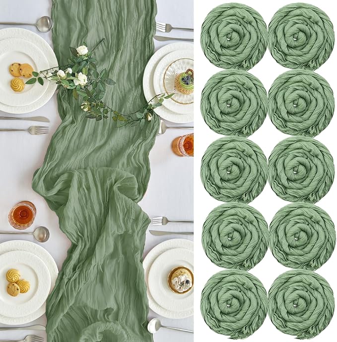 IVAPUPU Sage Green Table Runner 120 Inches for Birthday Party Home Decor | 10 Pcs Boho Gauze 10FT Cheesecloth Table Runners for Wedding Baby Shower Decorations Summer Garden Farmhouse