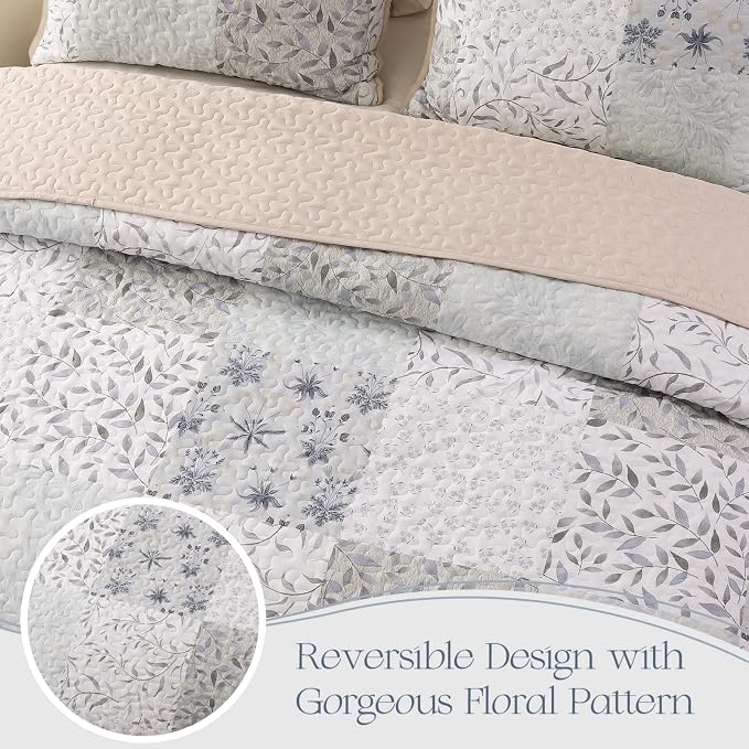 Exclusivo Mezcla Reversible Boho Quilts Full Size Gray | Lightweight Soft Bedspreads, All Season Patchwork Coverlet Bedding Set, Printed Floral Pattern, 1 Quilt and 2 Pillow Shams