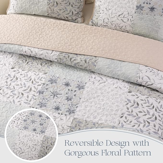 Exclusivo Mezcla Reversible Boho Quilts Twin Size Gray | Lightweight Soft Bedspreads, All Season Patchwork Coverlet Bedding Set, Printed Floral Pattern, 1 Quilt and 1 Pillow Sham