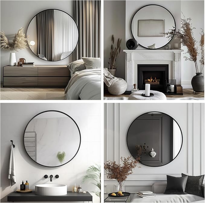 Small Round Mirror, 16 inch Black Circle Mirror, Matte Metal Frame | High Definition Mirror, Waterproof, Easy Installation, Circular Mirrors for Vanity, Nursery, Bedroom, Wall Décor