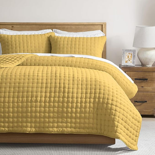 WDCOZY Queen Size Quilts Bedding Sets with 2 Pillow Shams, Lightweight Soft Bedspread Coverlet, Quilted Blanket Thin Comforter Bed Cover for All Season, 3 Pieces, 90x90 inches, Yellow