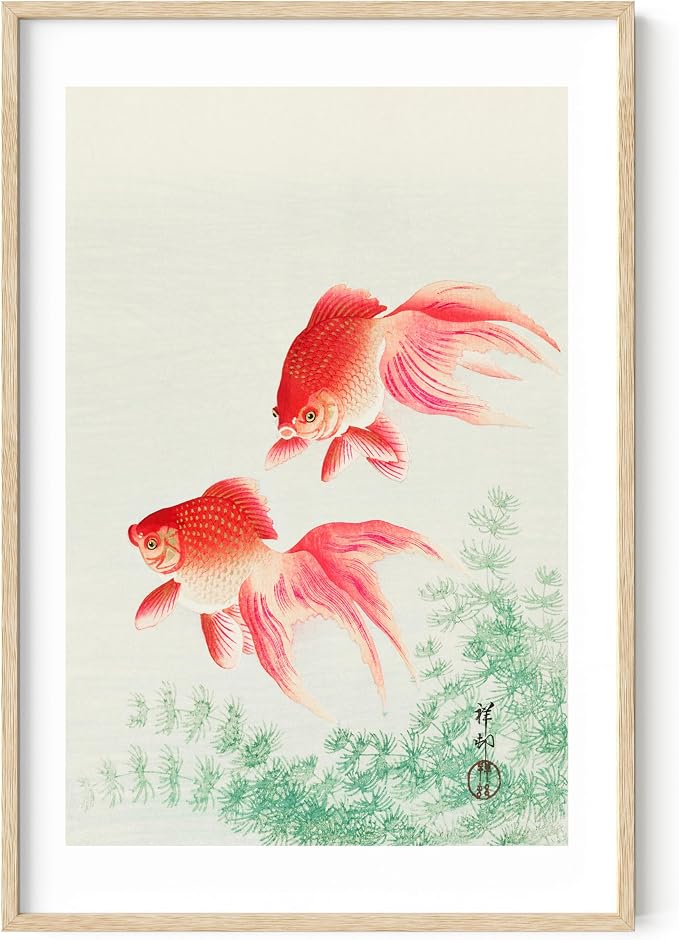 HAUS AND HUES Japanese Wall Art - Goldfish Framed Print, Japandi Asian Art Poster, Japanese Decor for Bedroom or Living Room, 24x36 Beige Frame