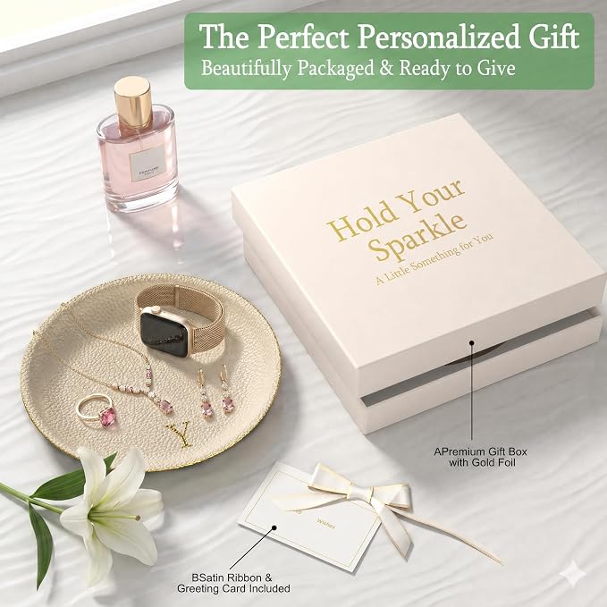 Initial Jewelry Dish for Women, Shatterproof Vegan Leather Ring Holder with Stainless Steel Core, Personalized Monogram Trinket Tray, Birthday Bridesmaid Gift with Box (Cream Letter Y)