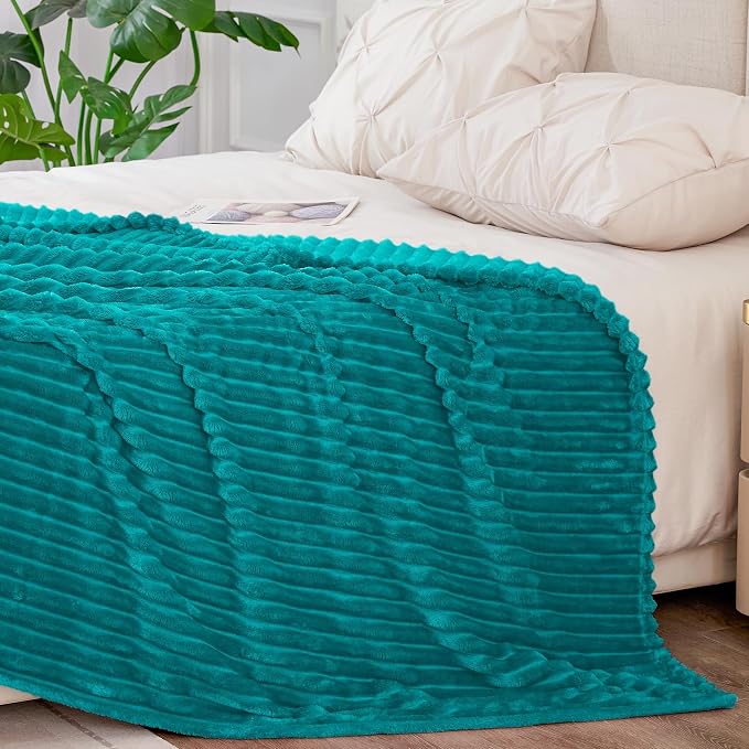 BEDELITE Ribbed Jacquard Ocean Blue King Size Blankets for Bed, 108x90 Inch | Soft Warm Decorative Fluffy Blanket, Cozy Fuzzy Lightweight Plush Fleece Throw Blankets for Bed, Room Decor, Gift for Women