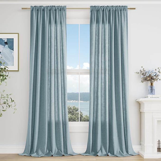 Blue Linen Curtains 96 Inch Length for Living Room Bedroom 2 Panels Set Rod Pocket Light Filtering Semi Sheer Window Curtains 52 Inch Width Boho Farmhouse Linen Drapes Dusty Blue, W52xL96