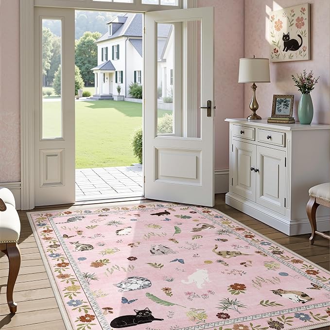 AIMPEAK Pink 4x6 Washable Area Rug - Non Slip Low Pile Cat Floral Boho Medium Carpet for Living Room, Bedroom, Nursery, Girls' Room, Entryway, Farmhouse, Kids Playroom, Pink Multi