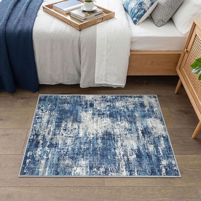 Lansny Abstract Washable Entryway Rug 2x3 Area Rug Small Non Slip Door Mat | Blue;Thin Printed Faux Wool Kitchen Rug;Door Mat;Small Rugs;Front Door Rug;IndoorEntry Rugs;Rubber Backed Foyer Floor Carpet