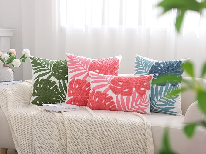 Embroidered Throw Pillow Covers 12x20 Pack of 2 Pink Botanical Leaf