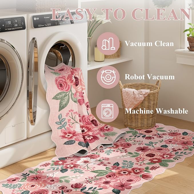 DUKINO 2x4 Rug for Entryway, Floral Washable Kitchen Rugs Non Slip, Pink | Soft, Low Pile, Stain Resistant Throw Runner Rug for Hallway, Bedroom, Bathroom, Laundry, Pet Friendly, Modern Home Decor