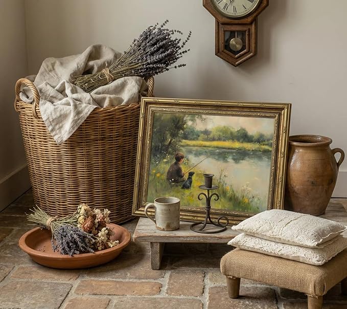 Vintage Gold Framed Wall Art Boy Fishing Country Painting Picture Peaceful Lake Landscape With Dog Wall Decor Rustic Farmhouse Poster Print for Nursery Living Room Bedroom 9x11in