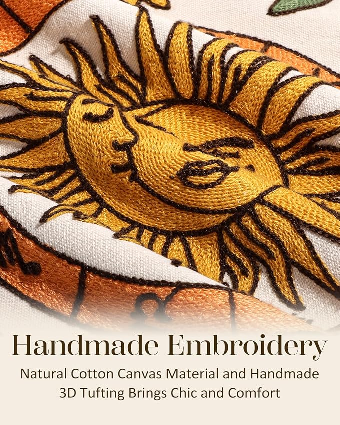 Embroidered Throw Pillow Cover 20x20 Inch, Sunflower Moon | Decorative Pillow Cover, Farmhouse Boho Cushion Case with Hidden Zipper, Autumn Decor for Couch, Sofa, Living Room, Bedroom