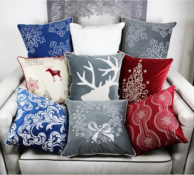Embroidery Blue Velvet Throw Pillow Cover, Merry Christmas Series Silver Floral Luxury Soft Fuzzy Cozy Warm Slik Gift Square Couch Cushion Pillow Case 20 x 20 Inch, Cover Only