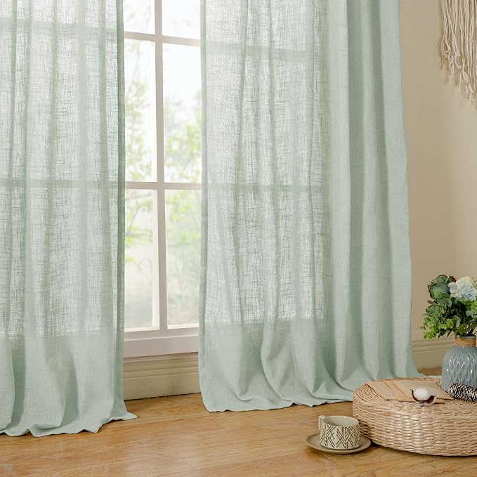 Light Sage Semi Sheer Linen Curtains 72 inch Length for Bedroom | Faux Linen Textured, Light Filtering Drapes, Curtains for Living Room, Rod Pocket Back Tab, 2 Panels, 52 x 72 Inch