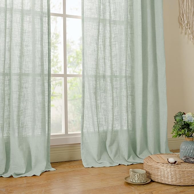 48 Inch Short Window Linen Curtains, Semi Sheer Panels 2 Panels | Light Filtering Panels, Rod Pocket Back Tab, Neutral Drapes for Cafe, Bathroom, Loft Room, Light Sage, 34 x 48 Inch