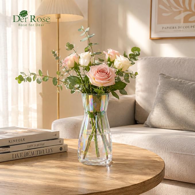 Der Rose 8" Iridescent Flower Vase Small Glass Vase for Entryway Decor Gift | Glossy Rainbow shimmer, translucent sturdy glass, giftable, elegant vase for centerpiece table wedding home decor