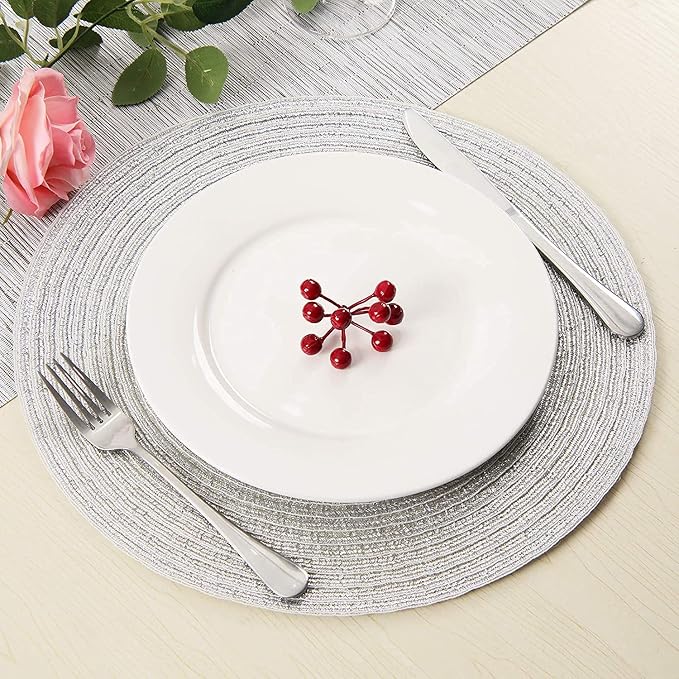 SHACOS Glitter Silver Placemats Set of 8 Sparkle Bling 15 inch Round Braided Table Mats Washable Place Mats for Dining Table Home Christmas Holiday Decor (Silver, 8)
