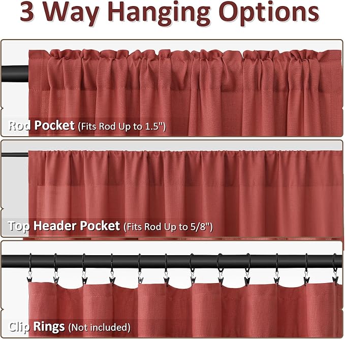 Red Linen Curtains 108 Inch Length for Living Room Bedroom 2 Panels Set Rod Pocket Light Filtering Semi Sheer Window Curtains 52 Inch Width Boho Farmhouse Linen Drapes, W52xL108