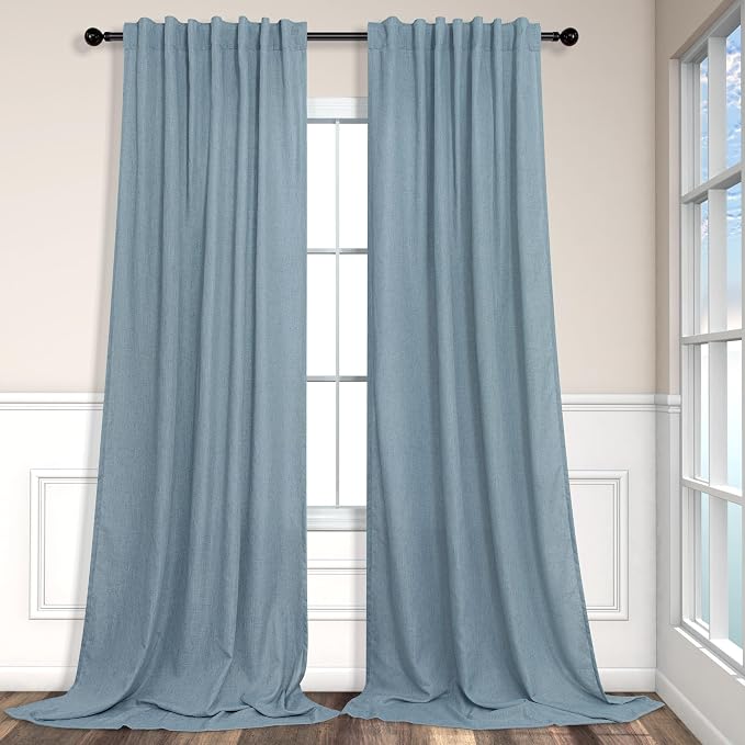 Blue Grey Curtains 96 Inches Long for Living Room Pair 2 Panel Set Back Tab Pocket Floor Length Drape Flax Linen Semi Sheer Vintage Light Blue Curtains for Dining Room Bay Window Country Farmhouse 8FT
