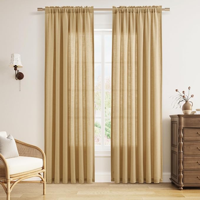 Gold Yellow Linen Curtains 84 Inches Long 2 Panel Set Rod Pocket Semi Sheer Dining Room Cozy Bedroom Decor Cotton Look Country Rustic Farmhouse Boho Curtains 52x84