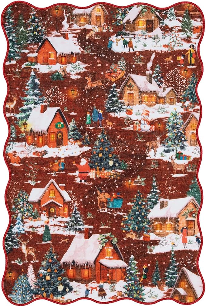 Wonnitar Christmas 2x3 Entryway Rug, Non Slip Washable Small Kitchen Rugs, Soft Christmas Winter Reindeer Door Mat Indoor Entrance, Scalloped Area Rug for Bathroom Bedside Holiday Decor (Red,2'x3')