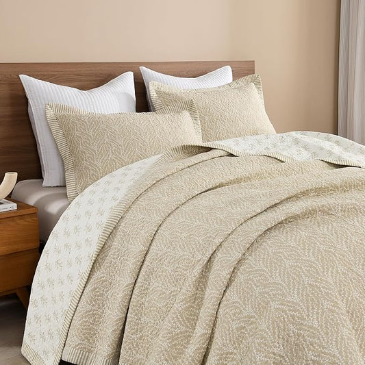 SahSahCasa Quilt Set Queen Size, 100% Cotton Quilt Bedding Set Bedspread, Botanical Pattern Solid Color Chic Lightweight Quilted Comforter for Queen Bed, White/Oatmeal, All Season, 3 Pieces
