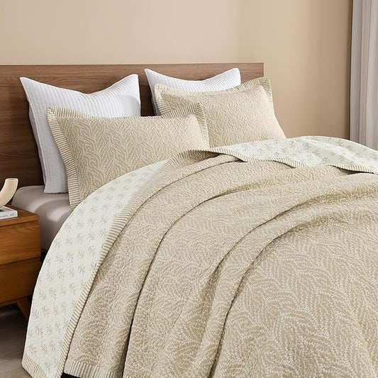 SahSahCasa Quilt Set King Size, 100% Cotton Quilt Bedding Set Bedspread, Botanical Pattern Solid Color Chic Lightweight Quilted Comforter for King Bed, White/Oatmeal, All Season, 3 Pieces